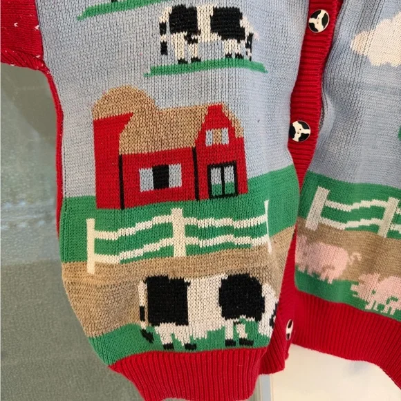 VINTAGE SWEATER LOFT SHORT-SLEEVE BUTTON-UP FARM-THEMED SWEATER - LARGE - Picture 4 of 6